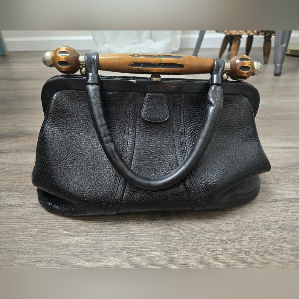 Unique Vintage Black Leather Bag Wood With Organizer Insert